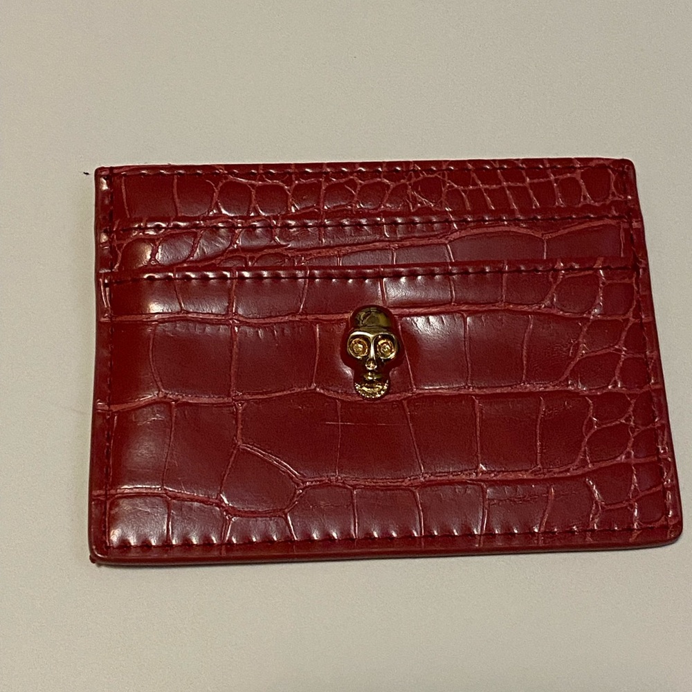 Like Dreams Red Croc-Embossed Card Holder with Skull Accent